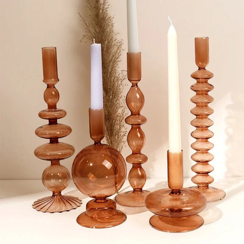 Amber glass Arraiolos candlestick holders in different shapes