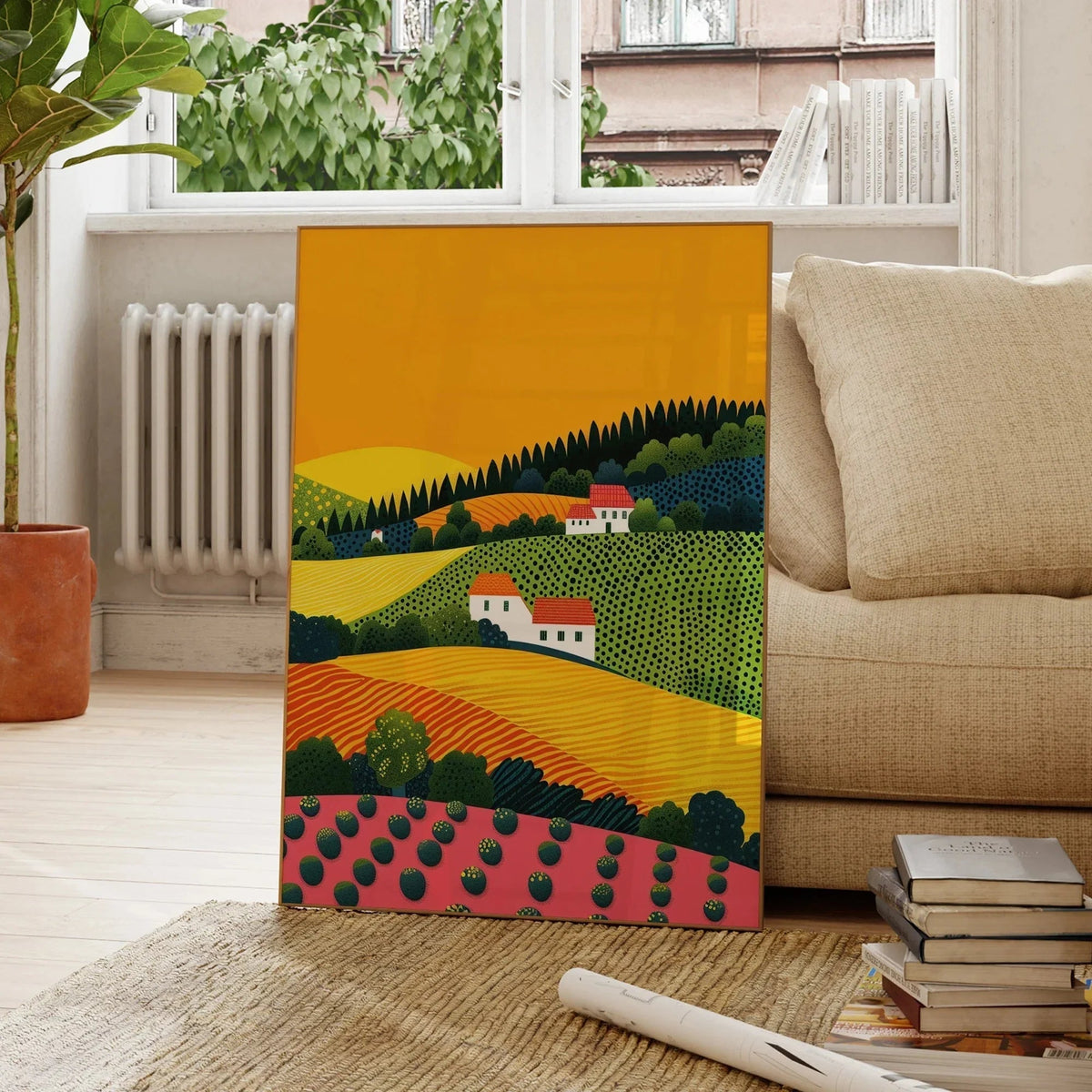 Lamego landscape print with colorful fields beside a sofa