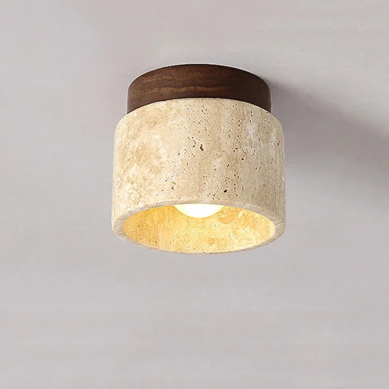 Cylindrical Montijo travertine ceiling light with wood detail