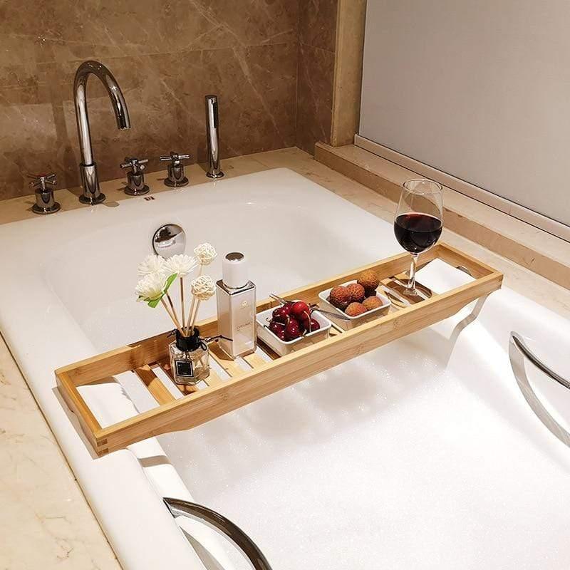 Lorvessa bathtub tray holding bath essentials across a tub