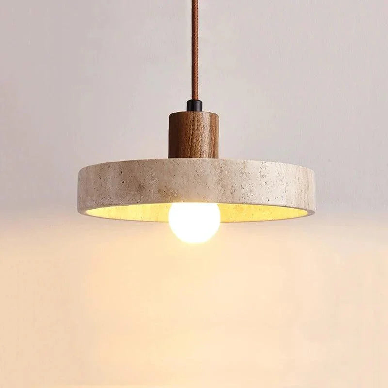 Tavora pendant with a shallow stone shade and wooden fitting
