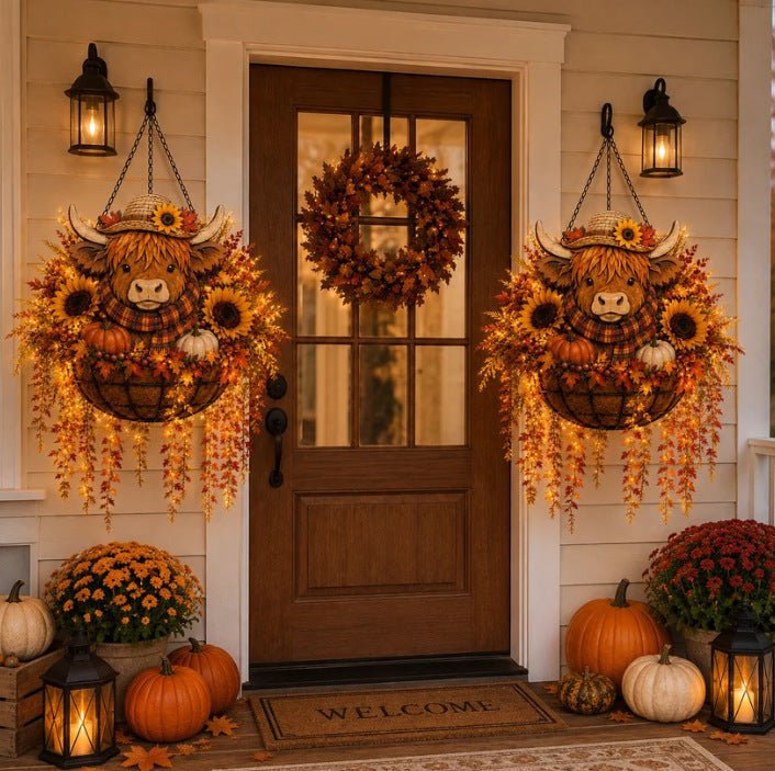 Autumn Hanging Porch Basket Decoration with Highland Cow Face Sunflowers Pumpkins and LED Fairy Lights | Kelmera