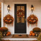 Autumn Hanging Porch Basket Decoration with Highland Cow Face Sunflowers Pumpkins and LED Fairy Lights | Kelmera
