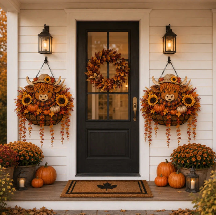 Autumn Hanging Porch Basket Decoration with Highland Cow Face Sunflowers Pumpkins and LED Fairy Lights | Kelmera