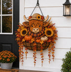 Autumn Hanging Porch Basket Decoration with Highland Cow Face Sunflowers Pumpkins and LED Fairy Lights | Kelmera