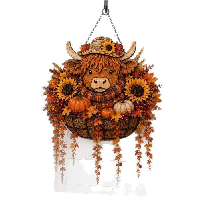 Autumn Hanging Porch Basket Decoration with Highland Cow Face Sunflowers Pumpkins and LED Fairy Lights | Kelmera