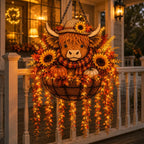 Autumn Hanging Porch Basket Decoration with Highland Cow Face Sunflowers Pumpkins and LED Fairy Lights | Kelmera