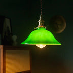 Banker-Style Glass Pendant Light with Brass Socket and Twisted Fabric Cord | Kelmera