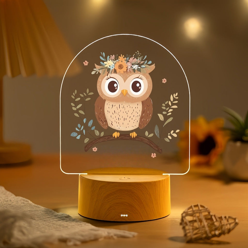 Child LED Acrylic Night Light with Cute Pony Illustration and Wooden Base | Kelmera