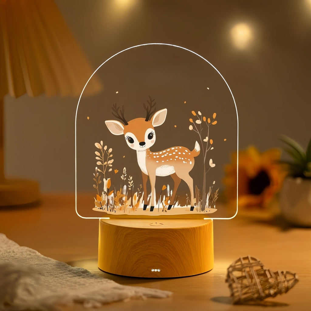 Child LED Acrylic Night Light with Cute Pony Illustration and Wooden Base | Kelmera