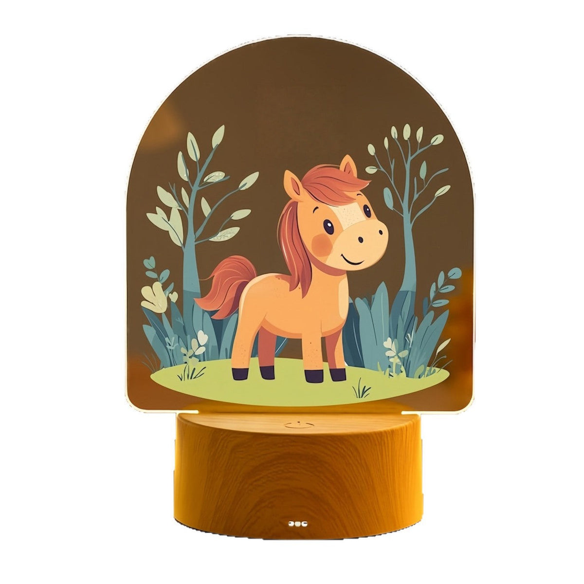 Child LED Acrylic Night Light with Cute Pony Illustration and Wooden Base | Kelmera