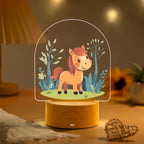 Child LED Acrylic Night Light with Cute Pony Illustration and Wooden Base | Kelmera