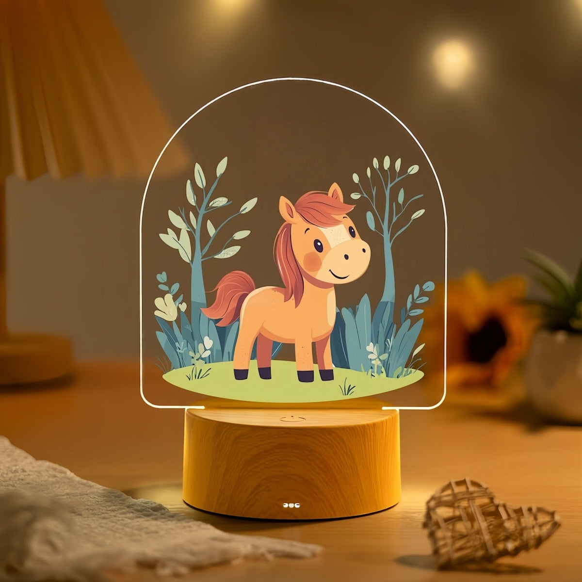 Child LED Acrylic Night Light with Cute Pony Illustration and Wooden Base | Kelmera
