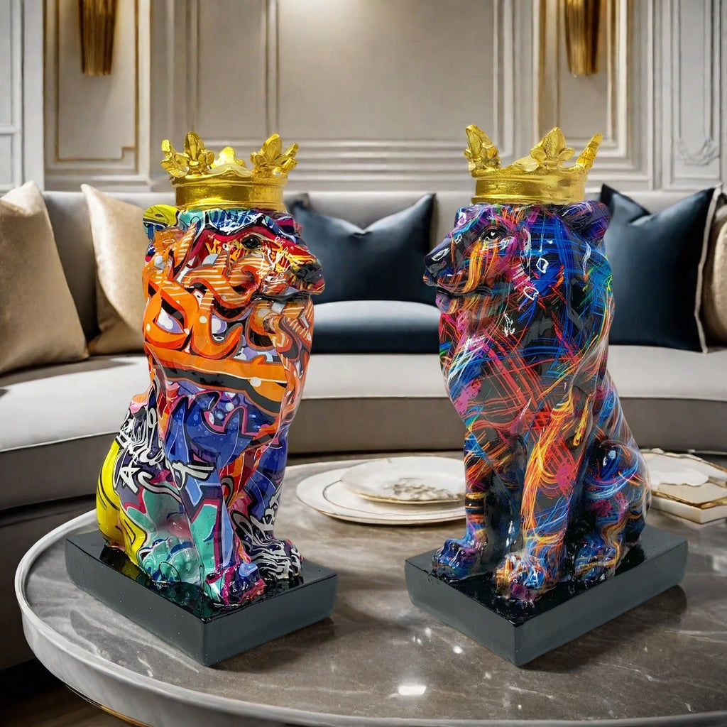 Colorful Lions Sculpture with Crown | Kelmera
