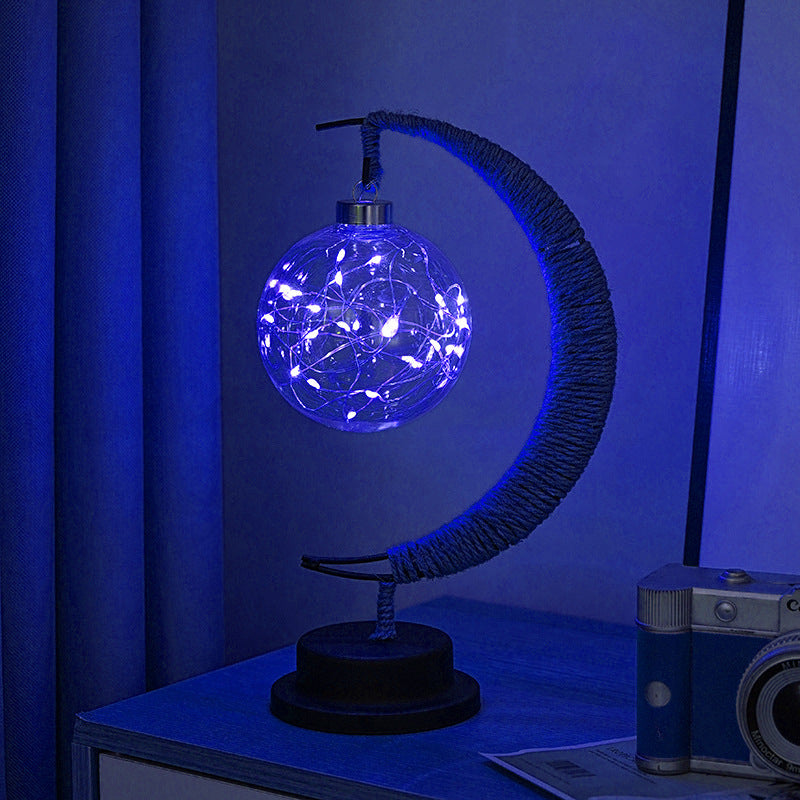 Decorative Glass Apple LED Table Lamp with Moon-Shaped Rope-Wrapped Stand | Kelmera