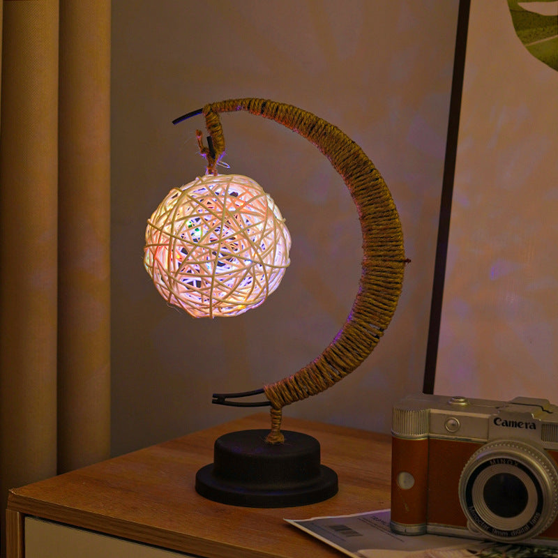 Decorative Glass Apple LED Table Lamp with Moon-Shaped Rope-Wrapped Stand | Kelmera