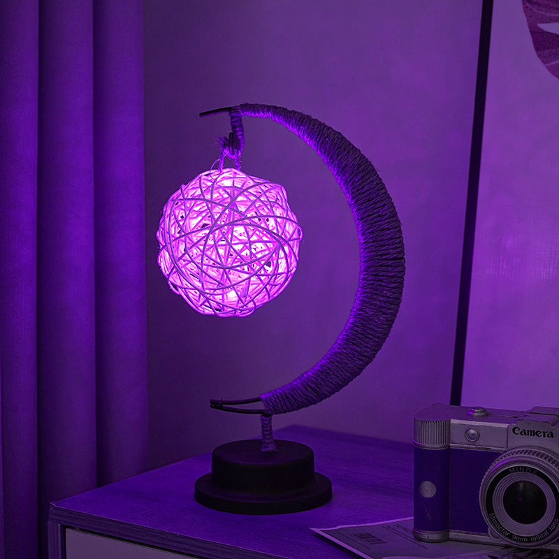Decorative Glass Apple LED Table Lamp with Moon-Shaped Rope-Wrapped Stand | Kelmera