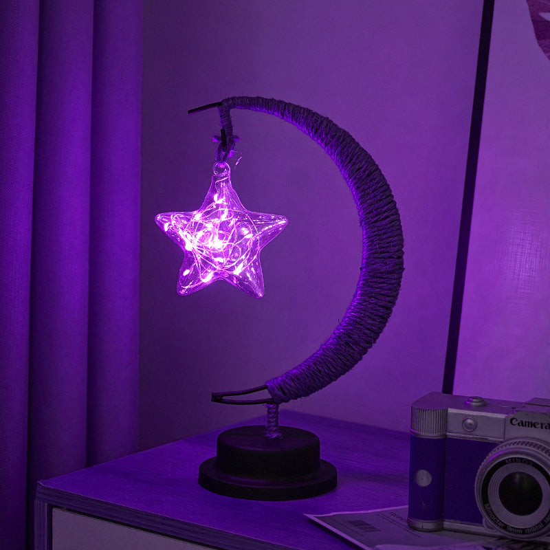 Decorative Glass Apple LED Table Lamp with Moon-Shaped Rope-Wrapped Stand | Kelmera