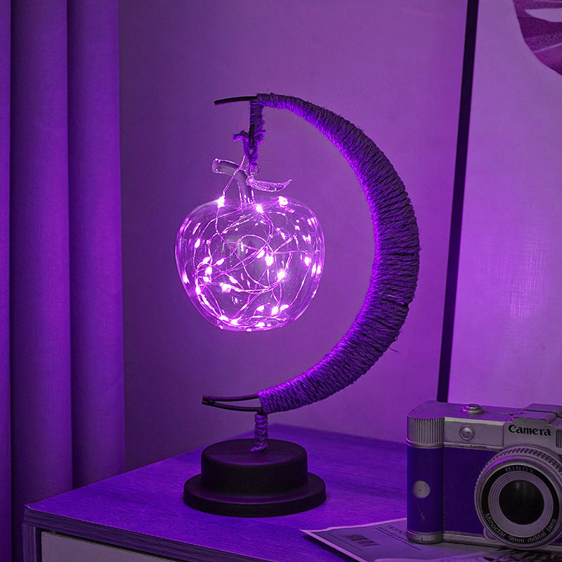 Decorative Glass Apple LED Table Lamp with Moon-Shaped Rope-Wrapped Stand | Kelmera
