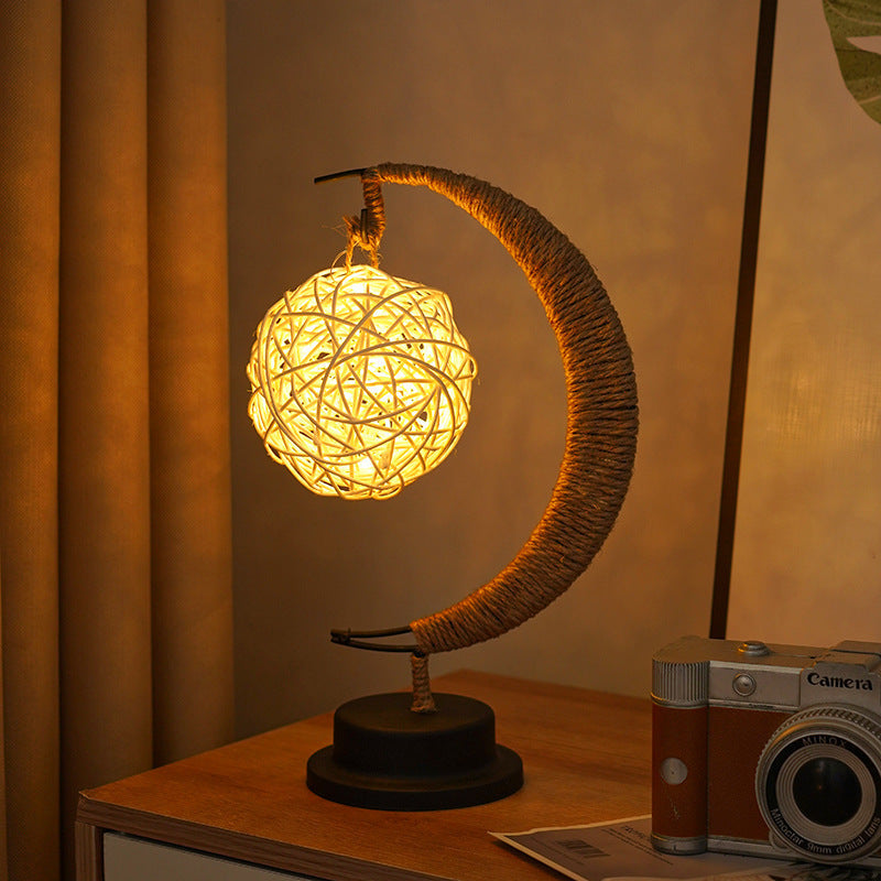 Decorative Glass Apple LED Table Lamp with Moon-Shaped Rope-Wrapped Stand | Kelmera