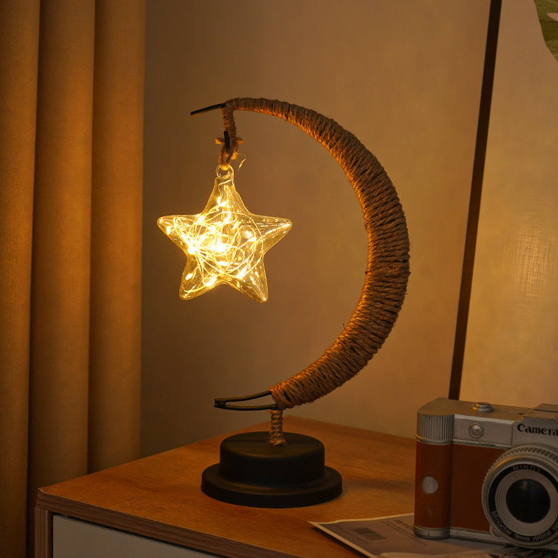 Decorative Glass Apple LED Table Lamp with Moon-Shaped Rope-Wrapped Stand | Kelmera