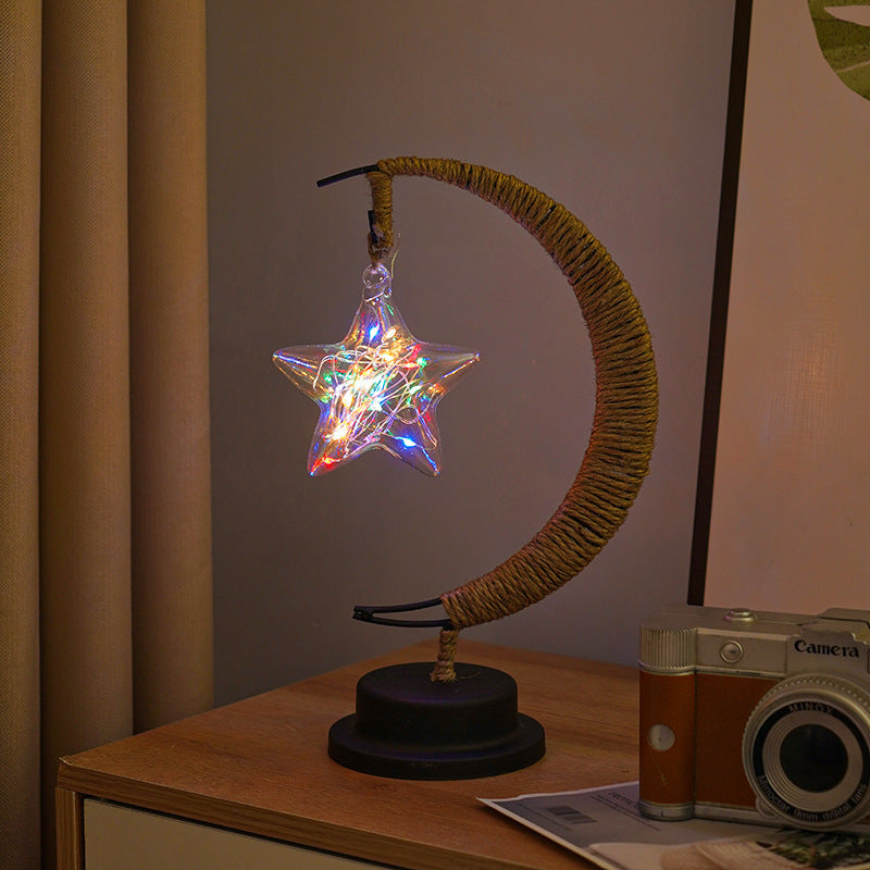 Decorative Glass Apple LED Table Lamp with Moon-Shaped Rope-Wrapped Stand | Kelmera