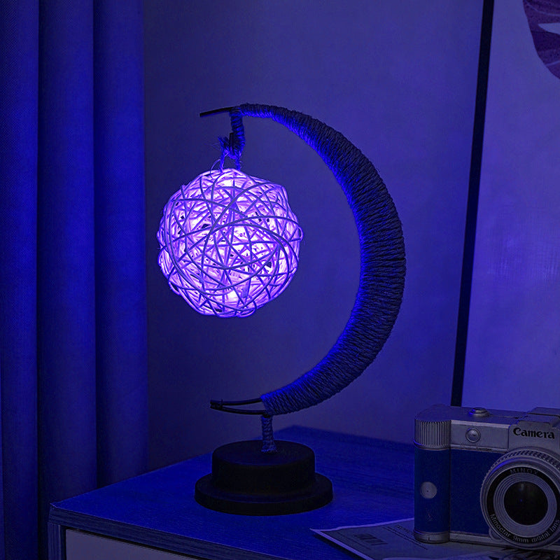 Decorative Glass Apple LED Table Lamp with Moon-Shaped Rope-Wrapped Stand | Kelmera