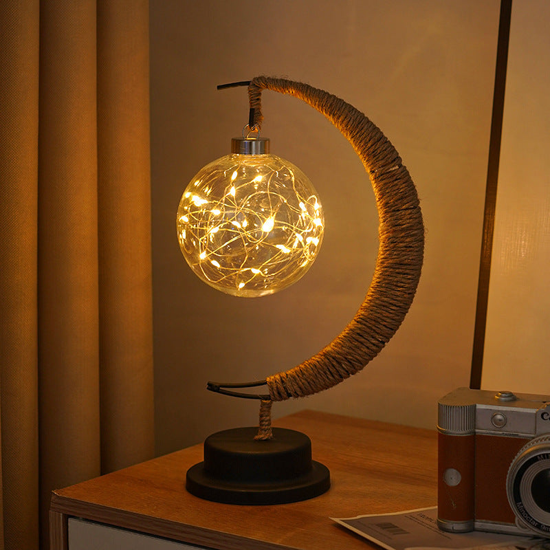 Decorative Glass Apple LED Table Lamp with Moon-Shaped Rope-Wrapped Stand | Kelmera