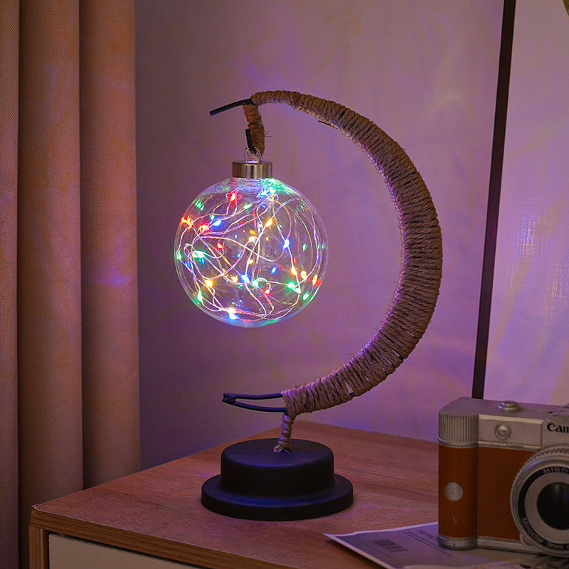Decorative Glass Apple LED Table Lamp with Moon-Shaped Rope-Wrapped Stand | Kelmera