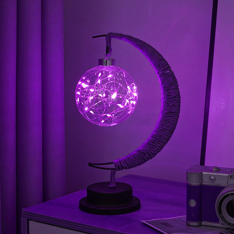 Decorative Glass Apple LED Table Lamp with Moon-Shaped Rope-Wrapped Stand | Kelmera