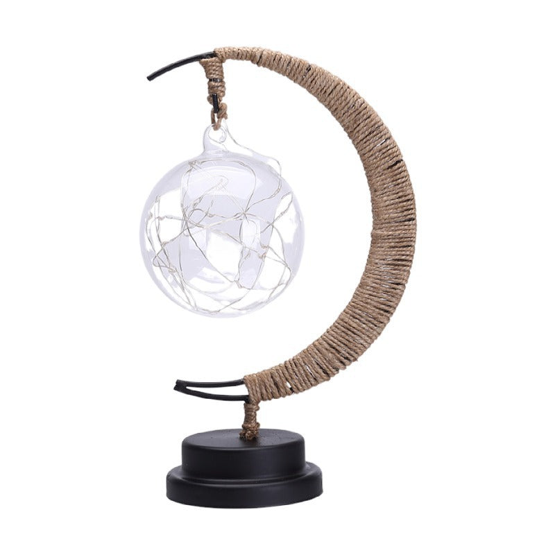 Decorative Glass Apple LED Table Lamp with Moon-Shaped Rope-Wrapped Stand | Kelmera