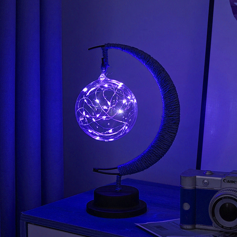 Decorative Glass Apple LED Table Lamp with Moon-Shaped Rope-Wrapped Stand | Kelmera