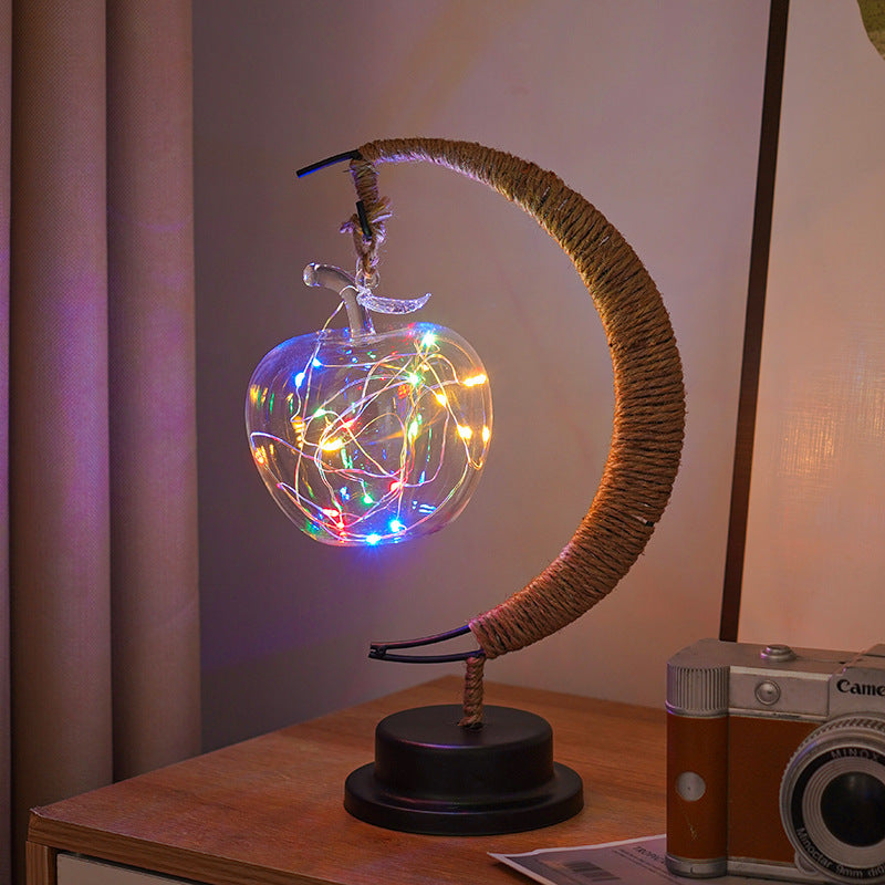 Decorative Glass Apple LED Table Lamp with Moon-Shaped Rope-Wrapped Stand | Kelmera