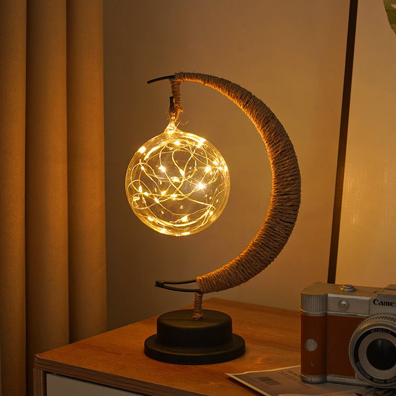 Decorative Glass Apple LED Table Lamp with Moon-Shaped Rope-Wrapped Stand | Kelmera