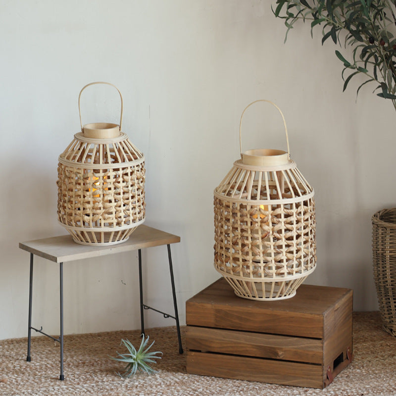 Decorative Lantern Woven Natural Fiber Wood | Kelmera