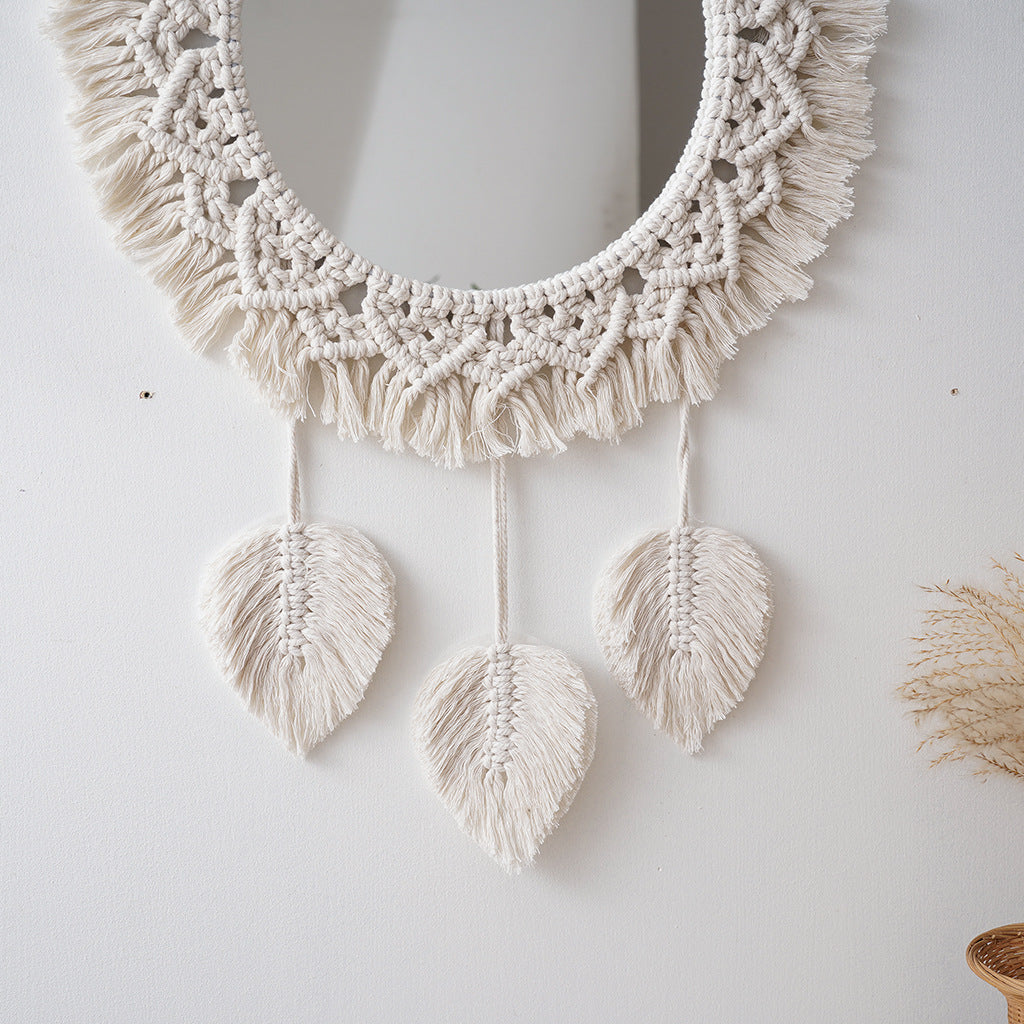 Decorative Macrame Round Wall Mirror Leaf 24 Inch | Kelmera