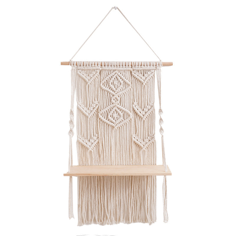 Decorative Macrame Wall Shelf with Rustic Wooden Accent | Kelmera