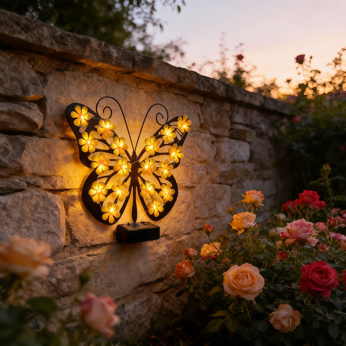 Decorative Metal Butterfly Wall Lamp with Solar-Powered Flower LED String | Kelmera