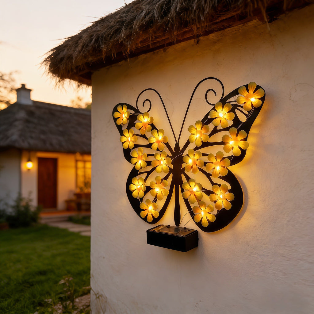 Decorative Metal Butterfly Wall Lamp with Solar-Powered Flower LED String | Kelmera