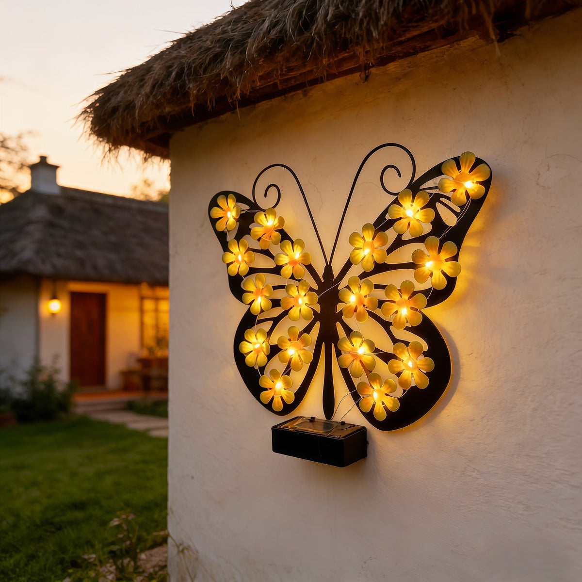 Decorative Metal Butterfly Wall Lamp with Solar-Powered Flower LED String | Kelmera