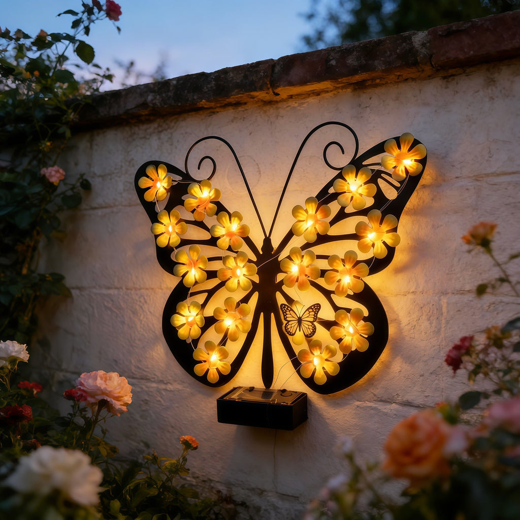 Decorative Metal Butterfly Wall Lamp with Solar-Powered Flower LED String | Kelmera