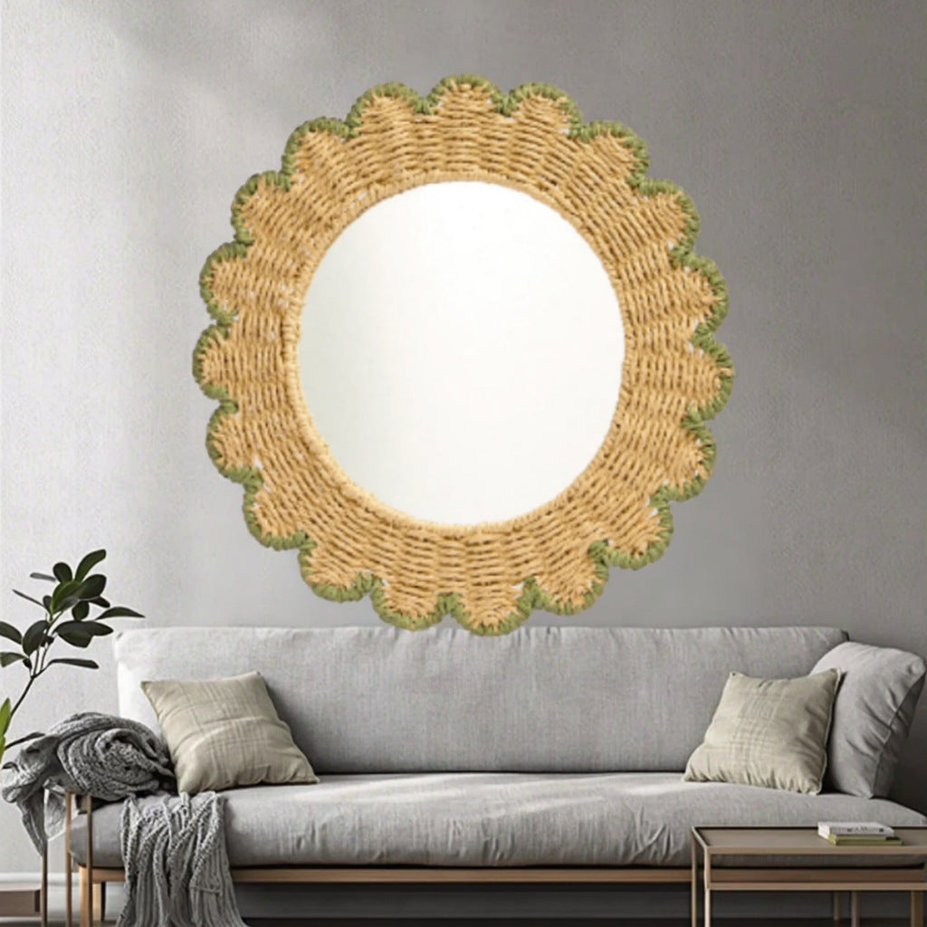 Decorative Round Wall Mirror with Natural Rattan Frame | Kelmera