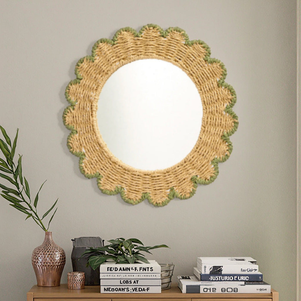 Decorative Round Wall Mirror with Natural Rattan Frame | Kelmera