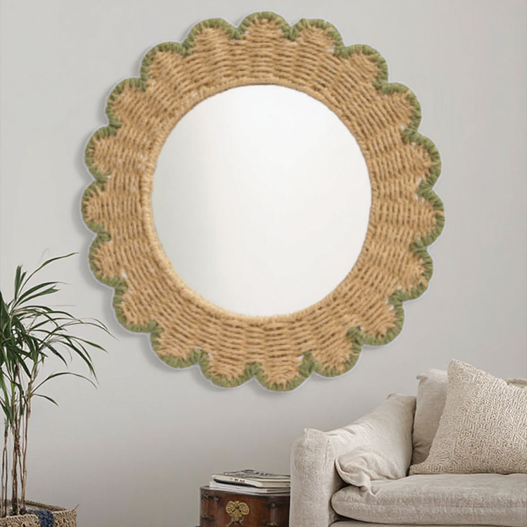 Decorative Round Wall Mirror with Natural Rattan Frame | Kelmera