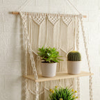 Decorative Wall-Mounted Macrame Shelf with Natural Wooden Accents | Kelmera