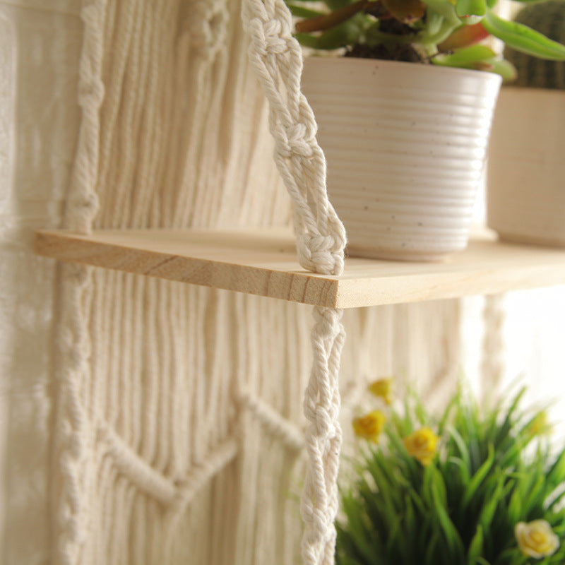 Decorative Wall-Mounted Macrame Shelf with Natural Wooden Accents | Kelmera