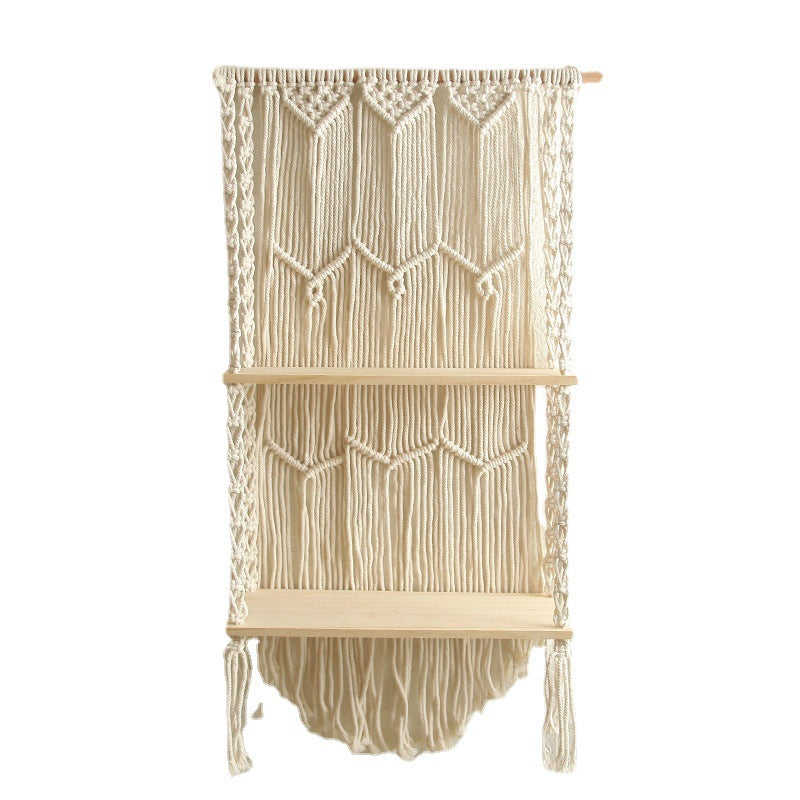 Decorative Wall-Mounted Macrame Shelf with Natural Wooden Accents | Kelmera