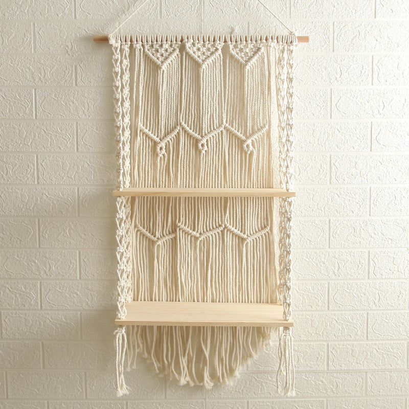 Decorative Wall-Mounted Macrame Shelf with Natural Wooden Accents | Kelmera