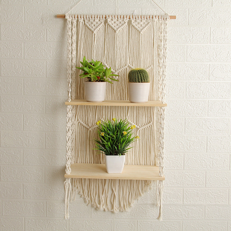 Decorative Wall-Mounted Macrame Shelf with Natural Wooden Accents | Kelmera