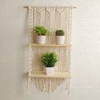 Decorative Wall-Mounted Macrame Shelf with Natural Wooden Accents | Kelmera